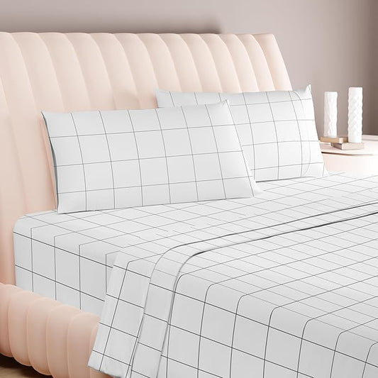 Carressa Linen California King Egyptian Cotton Sheet Sets - 600 Series Hydrangeas Printed Cal King Cotton Sheet Set (4 PC, White Chex),16" Deep Pocket Sateen Weave Luxury Hotel Bed Sheets