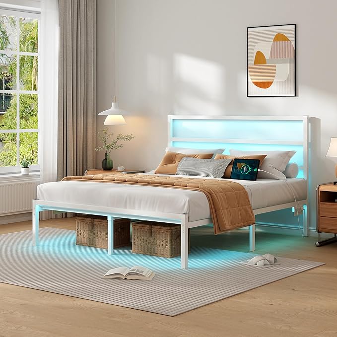 CLIBFENG Full Size Bed Frame with Headboard,Heavy Duty Steel Slats Support-LED Bed Frame with USB Charging Station,Mattress Foundation-Under Bed Storage,No Box Spring Needed,Noise Free,White