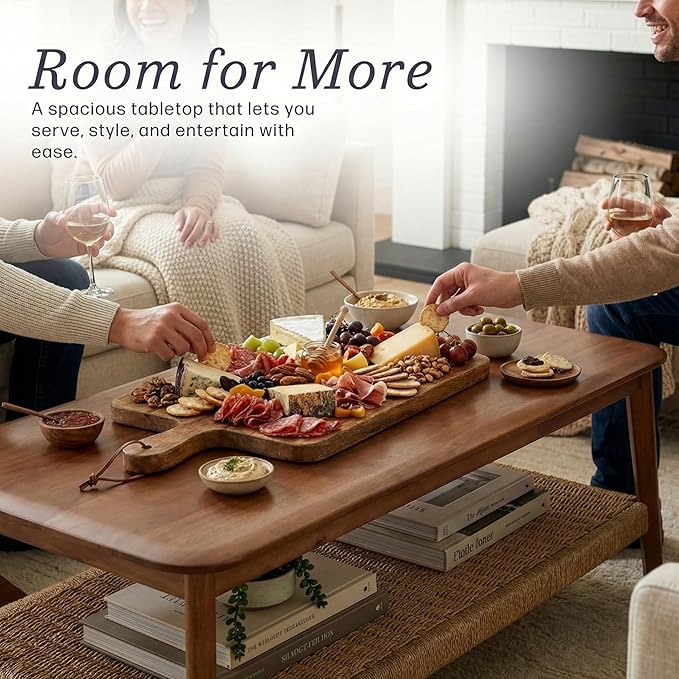 Alaterre Furniture Calais 48 Inch Rectangular Solid Wood Coffee Table with Woven Storage Shelf – Mid Century Modern 2-Tier Living Room Table (Chestnut)