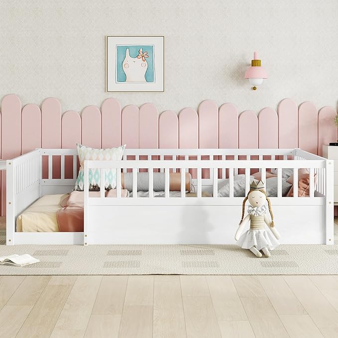 Bellemave Full Size Floor Bed with High Fence, Montessori Bed with Slats and Guardrails, Full Size Montessori Floor Beds Frame for Kids, Girls, Boys, White