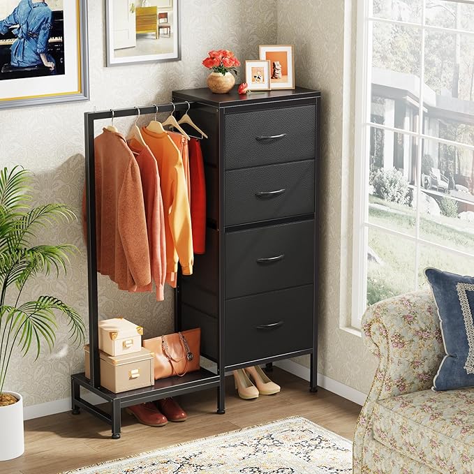 HIGDBFE Dresser with Hanging Rack, 4 Drawers Small Closet for Bedroom, Reversible Fabric Kids Chest of Drawers with Clothes Rack, Tall Storage Tower, Sturdy Frame, Black, 44''H