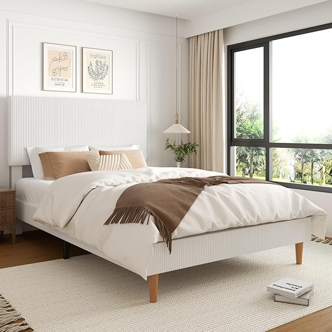 Queen Size Bed Frame, Upholstered Platform Bed with Adjustable Headboard, Vertical Fluted Tufted, Soft Corduroy Fabric, Strong Wooden Slats Support, No Box Spring Needed, Easy Assembly, White