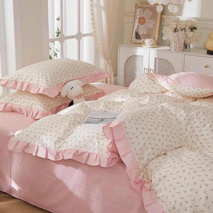 mixinni Pink Floral Duvet Cover Set Queen Size – 100% Cotton Ruffle Lace Bedding, Romantic Blushing Flower Print, Reversible Striped Pattern, Cottagecore Soft Aesthetic Princess Bedding for Girls