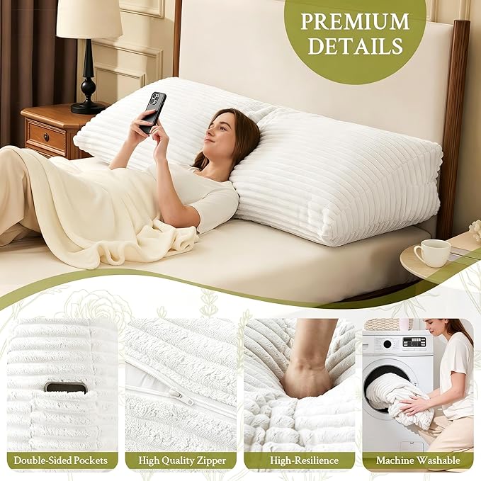 Headboard Pillow Queen, Headboard Wedge Pillow, Back Rest Pillows for Sitting, Reading, Working, Triangle Pillow with Removable Cover, Daybed Pillows for Bed Dorm Sofa, White