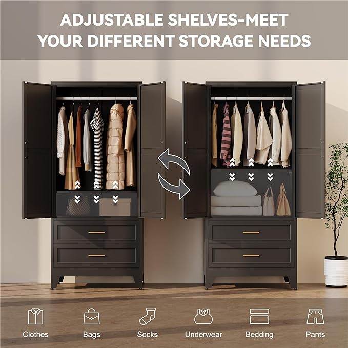 Baborokic Metal Wardrobe Cabinet with Hanging Rod,71" Armoire Wardrobe Closet with Adjustable Shelves,Farmhouse Steel Clothing Storage Cabinets for Bedroom,Office,Laundry Room Black