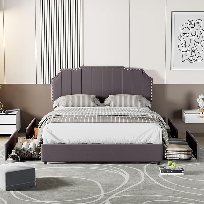 VECELO Full Upholstered Platform Bed Frame with 4 Storage Drawers,Velvet Vintage Full Bed with Nailhead Trim,Tufted Height Adjustable Headboard,Wooden Slats/No Box Spring Needed/Easy Assembly