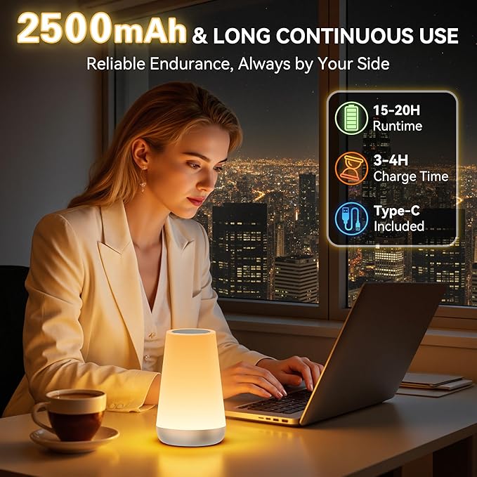 Auxmir Rechargeable LED Night Light, Touch & Remote Control Bedside Lamp with 13 Colors, 5 Brightness Levels, Portable Table Lamp for Kids Baby Nursery, Bedroom, Bathroom, Camping, Silver