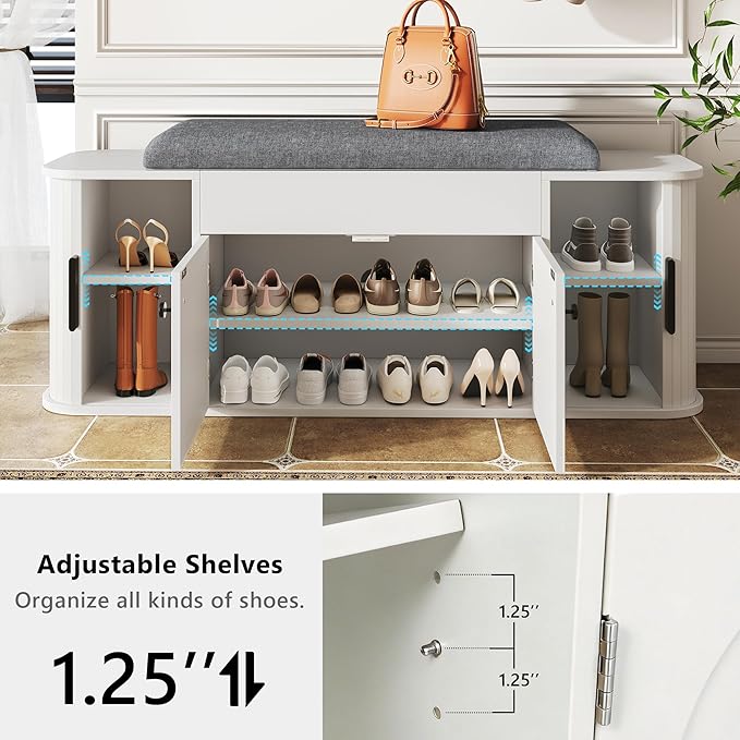 Einhomn 47.2'' Sliding Door Entryway Shoe Storage Bench with Seat Cushion, Shoe Rack with Lift-Top Hidden Storage & Adjustable Shelf, Bench for Bedroom End of Bed, White