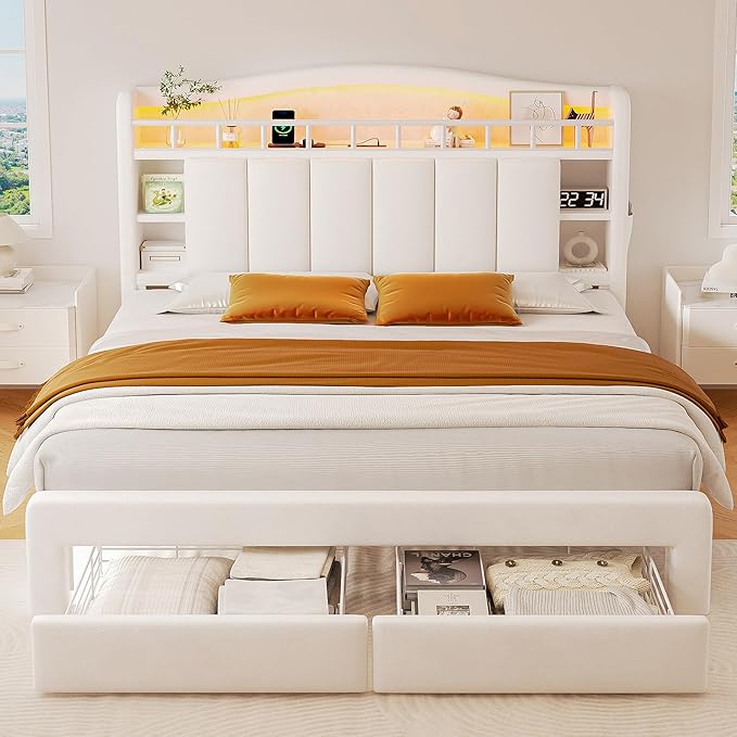 Queen Size Bed Frame with LED Storage Headboard & 2 Storage Drawers, Velvet Upholstered Bed with Vertical Tufted Headboard Design, USB & Type-C Charging Ports, Wooden Slats Support, Noise-Free, Beige