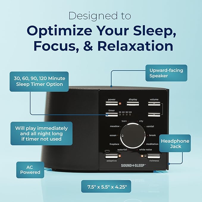 Adaptive Sound Technologies Sound + Sleep - White Noise Machine for Focus Support - Convenient Sleep Timer - Built-in Headphone Jack - Precision Volume Settings - Speech Privacy - Black