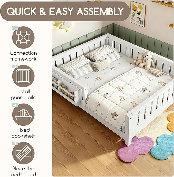 Bellemave Full Size Floor Bed Frame with Fence & Bookshelf, Solid Pinewood Montessori Floor Bed Full with Slats Load 450LBS, Low Profile Floor Bed for Kids, Nursery, Bedroom, Easy Assembly, White