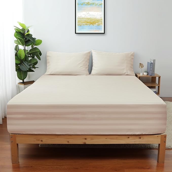 2-Pack Pure Cotton Bottom Sheet Full Size, 600 Thread Count 16" Deep Pocket Egyptian Cotton Fitted Sheet (2-Pack, Full, Stripted Beige)