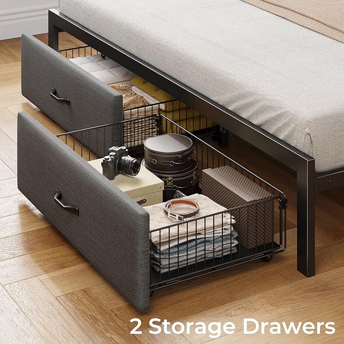 Rolanstar Bed Frame King Size with Drawers and Charging Station, Upholstered Platform Bed with Storage Headboard and LED Light, Heavy Duty Metal Support, No Box Spring Needed, Noise Free, Grey