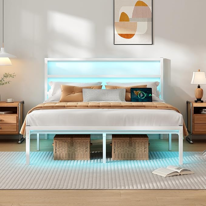 CLIBFENG Queen Bed Frame with Headboard,Heavy Duty Steel Slats Support-LED Bed Frame with USB Charging Station,Mattress Foundation-Under Bed Storage,No Box Spring Needed,Noise Free,White