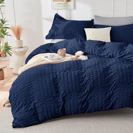 HYMOKEGE Navy Blue/Light Grey Duvet Cover Queen Size, Ultra Soft 3-Piece Seersucker Duvet Cover Set with Zipper Closure, Soft Brushed Microfiber Bedding Set with 8 Corner Ties (90"x90", 2 Pillowshams)