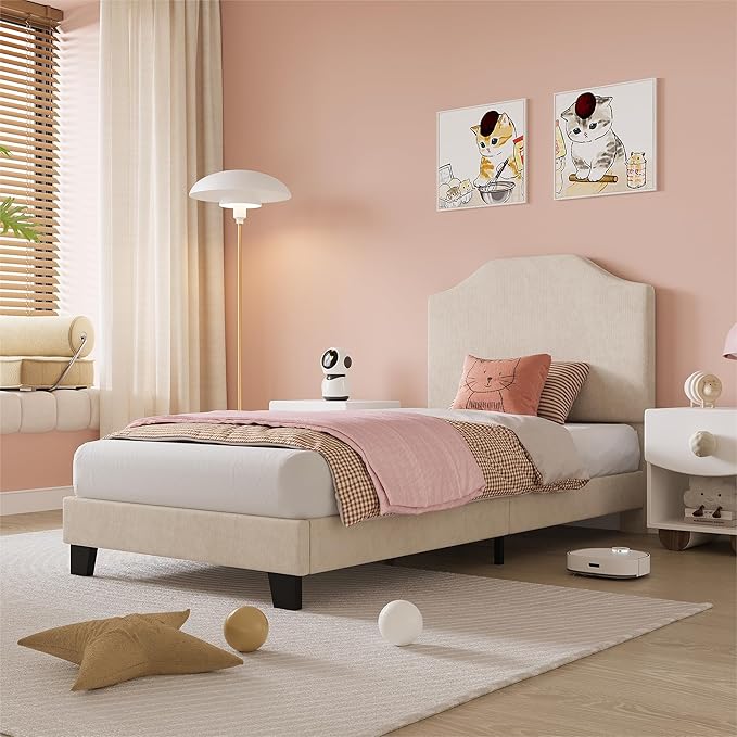 Twin Size Bed Frame, Corduroy Upholstered Platform Bed Frame with Adjustable Headboard, Mattress Foundation, Wooden Slats Support, No Box Spring Needed, Easy Assembly, Beige