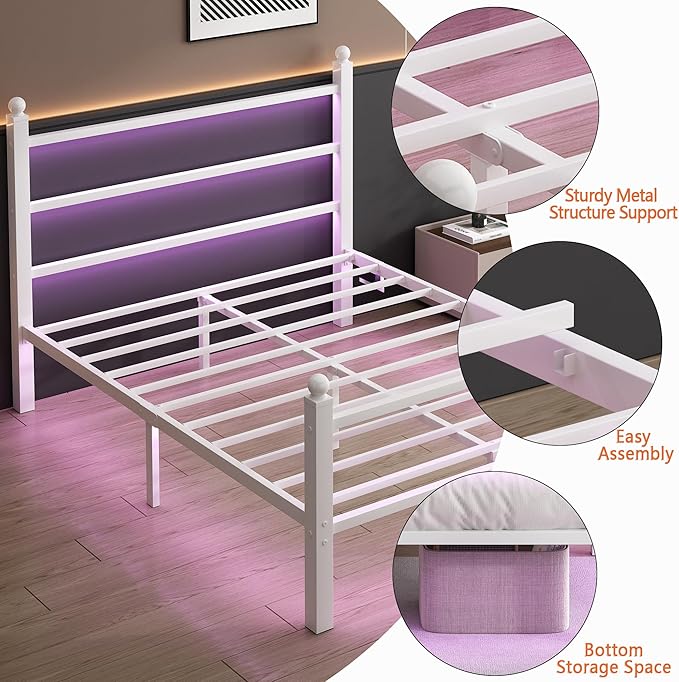 CLIBFENG Twin Bed Frame with Headboard and Footboard,Steel Slats Support-LED Bed Frame with USB Charging Station,Mattress Foundation-Under Bed Storage,No Box Spring Needed,Noise Free,White
