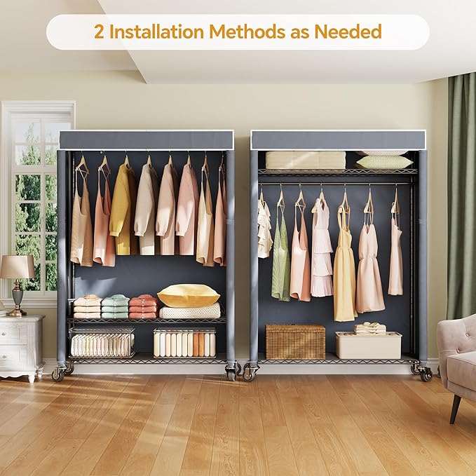 Higeego H4 Plus Rolling Clothes Rack with Cover, Heavy Duty Garment Rack, Wardrobe Closet with Wheels, Portable Closets for Hanging Clothes, Closet Organizer Storage, Black Rack with Grey Cover