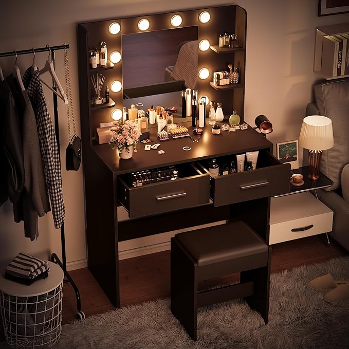 Furmax Make up Vanity Desk with Mirror and Power Outlet, Vanity with 3 Color Light Options Adjustable Brightness,Vanity Desk with 2 Drawers, 6 Storage Shelves (Black, No Bench)