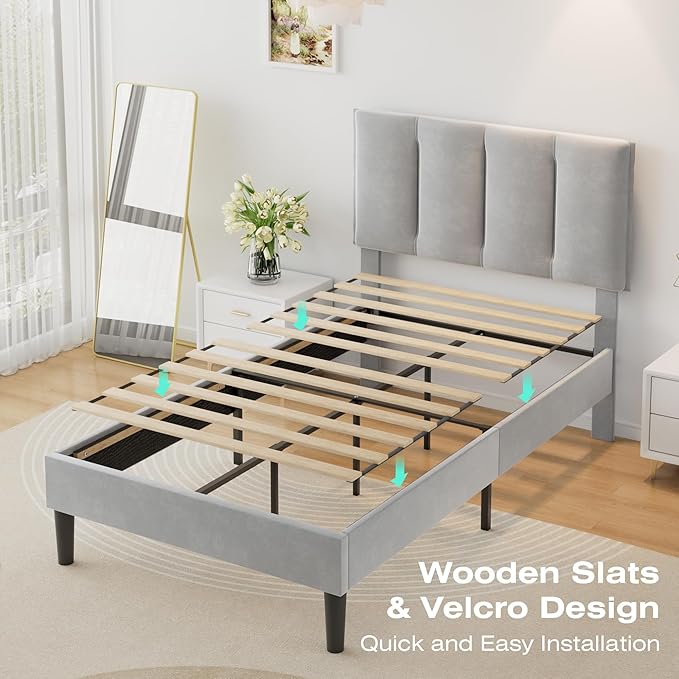 VECELO Twin Size Bed Frame with Upholstered Headboard, Heavy-Duty Bedframe with Wooden Slats & Steel Framework, Easy Assembly, Light Grey