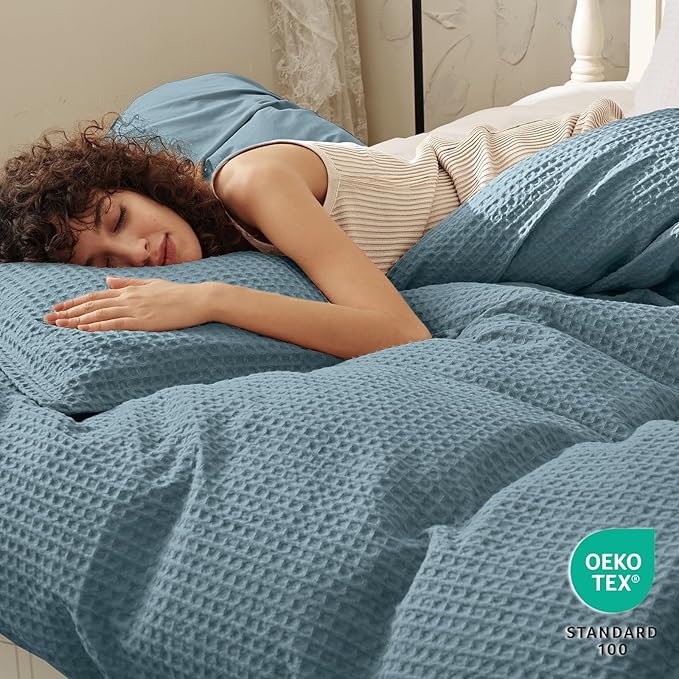 PHF Waffle Duvet Cover Set Queen Size, No Snagging Ultra Soft Luxury Textured Breathable Comforter Cover for All Season 3pcs, Durable Bedding Duvet Set with 2 Pillow Shams, 90"x90", Stormy Blue