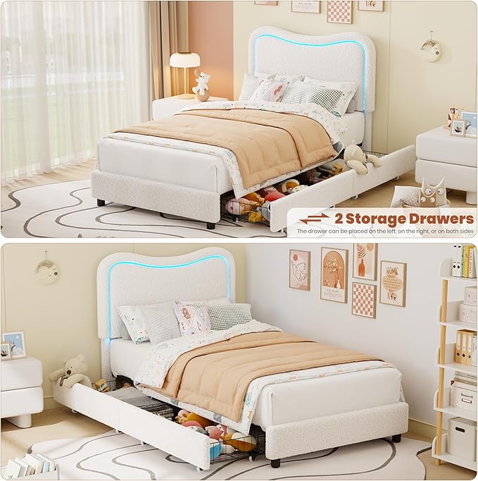 GarveeHome Upholstered LED Twin Bed Frames for Kids with 2 Drawers and Headboard, Cute Twin Bed with Storage for Girls, Boys, Sturdy Platform Bed, No Box Spring Needed, Wooden Slats, Noise, White
