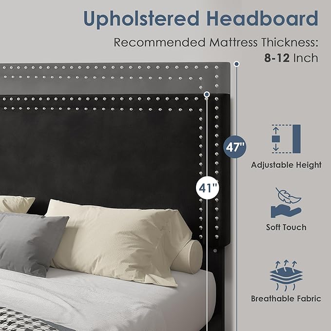 VECELO Queen Size Platform Bed Frame with Height Adjustable Upholstered Headboard, Modern Mattress Foundation,Strong Wood Slat Support, No Box Spring Needed, Easy Assembly,Black