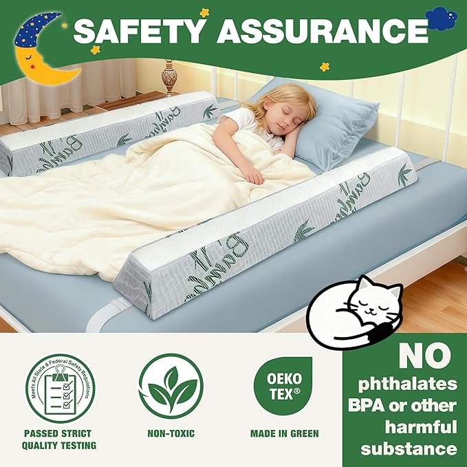 Baby Bed Bumpers for Toddlers with Adjustable Bandd, Foam Bed Guard Rail for Kids Bed Twin Full Queen King Size Bed, 2 Pack