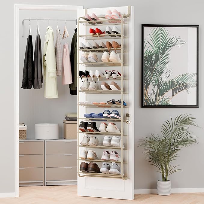 Whitmor 36 Pair Over The Door Shoe Organizer, 12 Tier Hanging Shoe Organizer, Heavy Duty Metal & Mesh Shoe Holder, Hanging Shoe Rack for Closet Organizer & Storage, 74" L x 21.7" W x 7.5" H, Oat