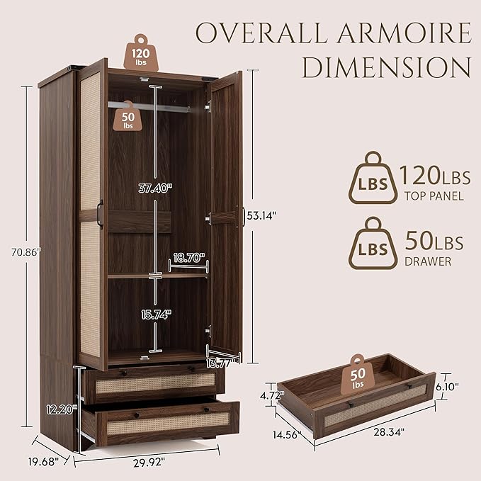 Yechen 71" Wooden Armoire Wardrobe Closet - Modern Functional Clothes Tall Storage Cabinet with Adjustable Shelf and Hanging Rail, Sturdy Freestanding Closet Wardrobe with 2 Wide Drawers for Bedroom