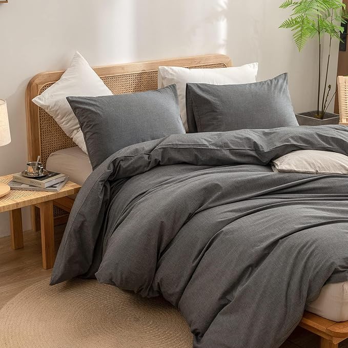 BESTOUCH Duvet Cover Set 100% Washed Cotton Linen Feel Super Soft Comfortable Chic Lightweight 3 PCs Home Bedding Set Solid Dark Grey Alaska King