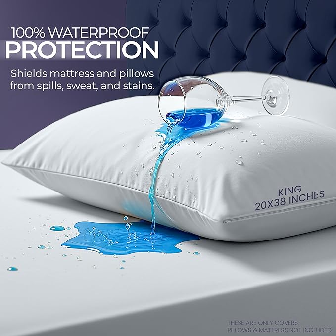 Waterproof Mattress Protector and Pillow Cases, California King Size, Includes +2 Zippered Pillow Protectors and 1 Mattress Cover Set, Fitted Sheet Style Deep Pockets with All Around Elastic