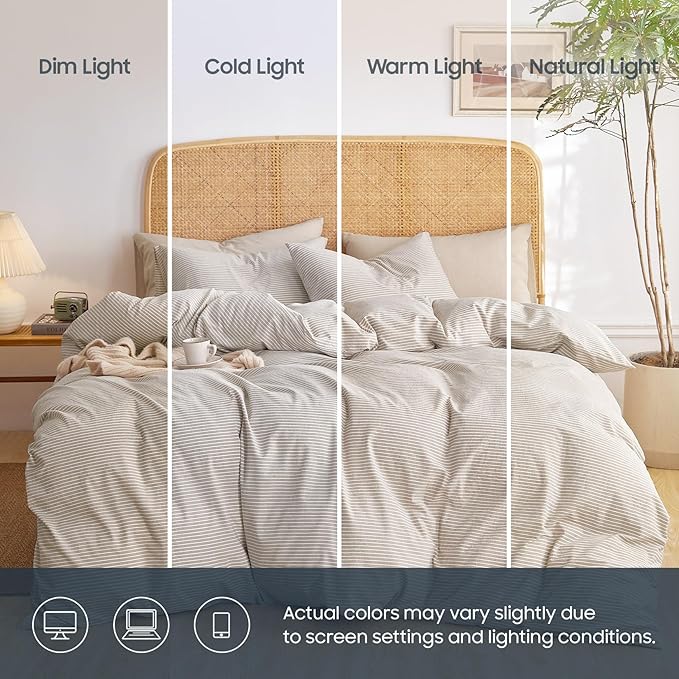 Wake In Cloud - Striped Cotton Duvet Cover Set, 100% Washed Cotton Textured Percale Bedding Set, Ticking Stripe Pinstripe Farmhouse, 3 Pieces, Tan, Full Size