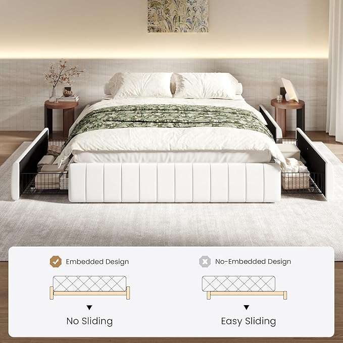SHA CERLIN Queen Size Velvet Upholstered Platform Bed Frame with 4 Storage Drawers, Vertical Channel Tufted, Low Profile, Fits Standard Headboards, Wooden Slats Support, Easy Assembly, White