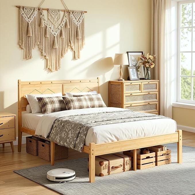 Askeld 14 inch Bamboo Queen Bed Frame with Headboard, Light Cottagecore Solid Wood Platform Bed with Heavy Duty Metal Slats, No Box Spring Needed, Easy Assembly, Noise Free