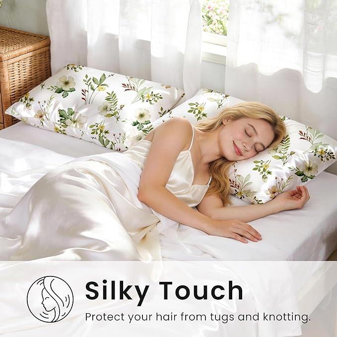 EXQ Home Satin Pillowcase for Hair and Skin Queen - Printed Green Twig Silk Pillow Cases 2 Pack 20x30 inches - Satin Pillow Cases Set of 2 with Envelope Closure, Gifts for Women Men