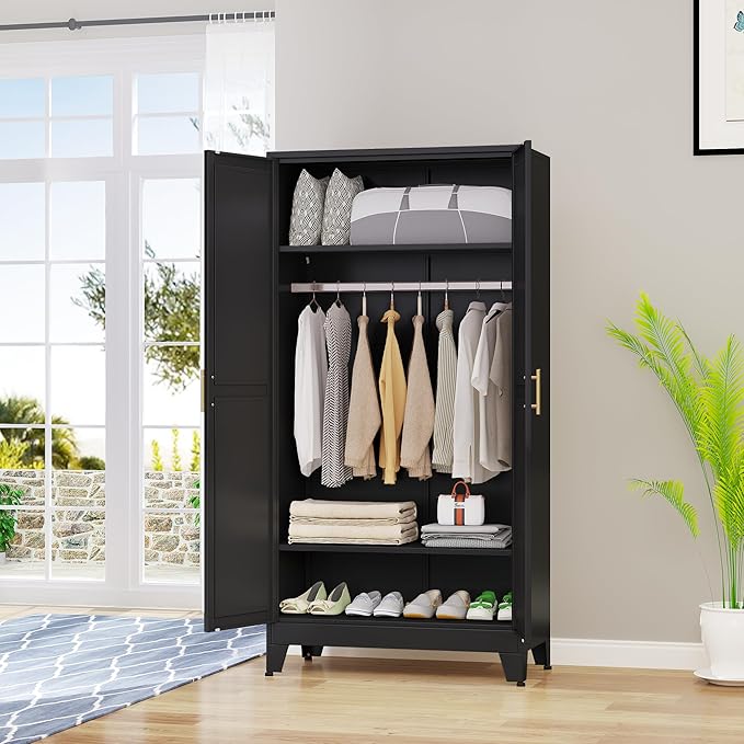 erosoei 71 "Metal Armoire Wardrobe Closet, Steel Clothing Storage Cabinet with Adjustable Shelves and Hanging Rod, Household Steel Wardrobe Storage Cabinet with Adjustable Standing feet（Black）