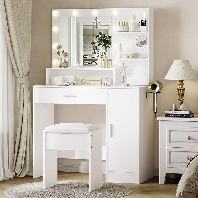 Garvee Vanity Desk with Mirror and Light, Makeup Dressing Table with Large Drawers and 3-Level Storage Dresser, 3 Lighting Modes Adjustable Brightness, Modern Vanity Set for Bedroom, White