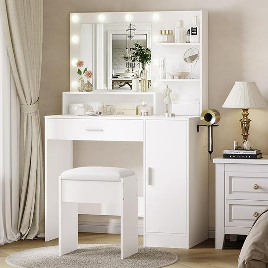 Garvee Vanity Desk with Mirror and Light, Makeup Dressing Table with Large Drawers and 3-Level Storage Dresser, 3 Lighting Modes Adjustable Brightness, Modern Vanity Set for Bedroom, White