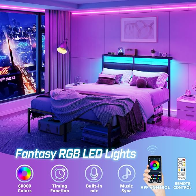 OURPIC Full Size Bed Frame with Headboard, Bed Frame Full Size with LED Light and Charging Station, Black Metal Platform Bedframe and Storage Shelf, No Box Spring Needed, Noise Free