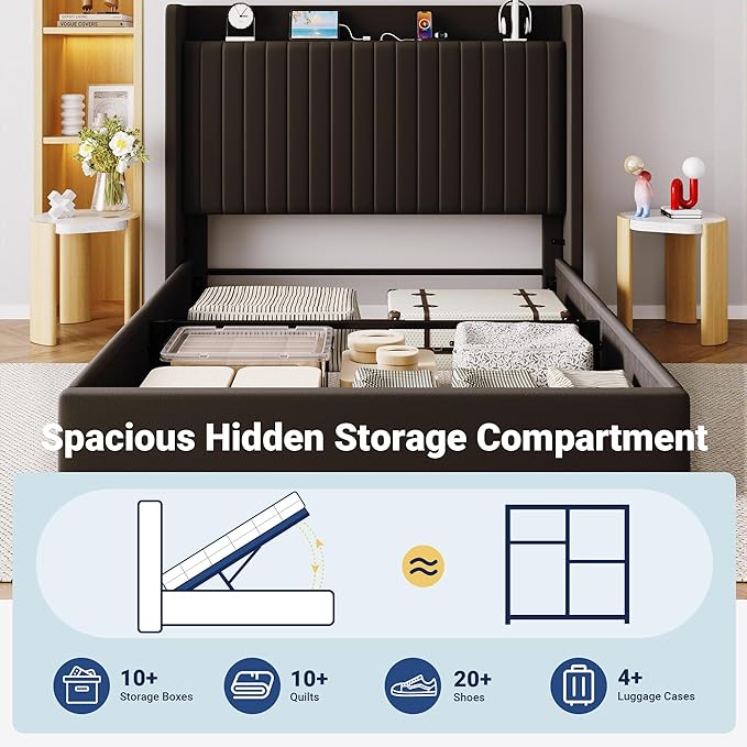 Allewie Full Size Lift Up Storage Bed Frame,Storage Shelf Headboard with Charging Station,Type-C and USB Ports,Hydraulic Support,Velvet Upholstered Bed Frame,No Box Spring Needed,Black