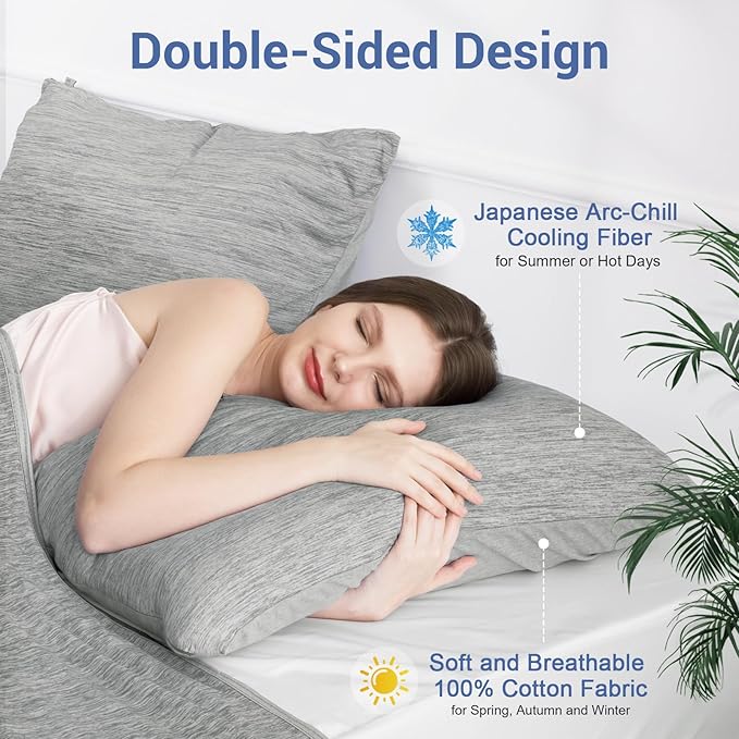 Elegear Cooling Pillow Cases for Hot Sleepers, Japanese Q-Max 0.5 Cooling Pillowcases, Both Sides[Cooling/Cotton], Breathable Soft Pillowcase for Hair and Skin, Set of 2-Gray (King (20" x 36"))
