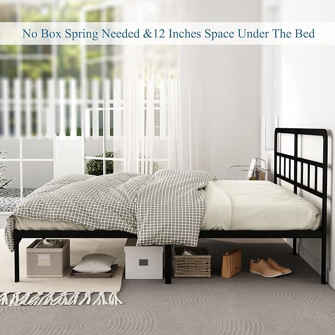 DiaOutro Metal Platform King Bed Frame with Headboard, 14 Inch No Box Spring Needed Heavy Duty Steel Slat Mattress Foundation/Easy Assembly/Noise Free/Black