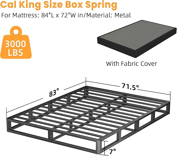 VIPSHOW 7 Inch California King Metal Box Spring with Round Corners - 3000 lbs Capacity, High Profile Heavy Duty Mattress Foundation with Steel Slats, Noise-Free, Easy Assemble, Black