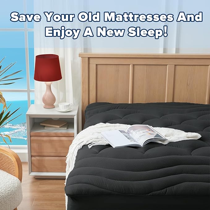 ELVEN HOME Twin Size Mattress Pad for Pain Relief, Pillow Top Cooling Twin Mattress Topper for Single Bed, Thick Fluffy Mattress Protector Cover Quilted Fitted Deep Pocket (39x75 inch, Black)