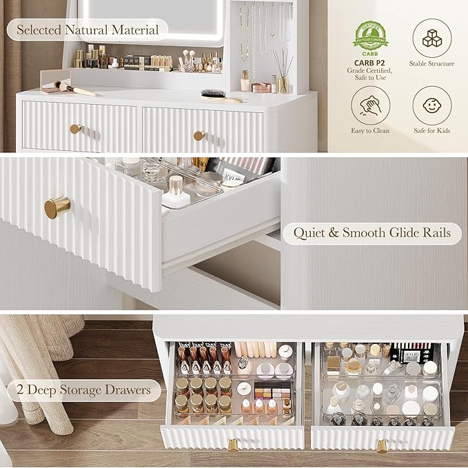 Memobarco Fluted Vanity Desk with Mirror and Lights, Small Makeup Vanity with 2 Drawers and Jewelry Storage Cabinet, 3 Lighting Modes Adjustable Brightness, Dressing Table for Bedroom - White