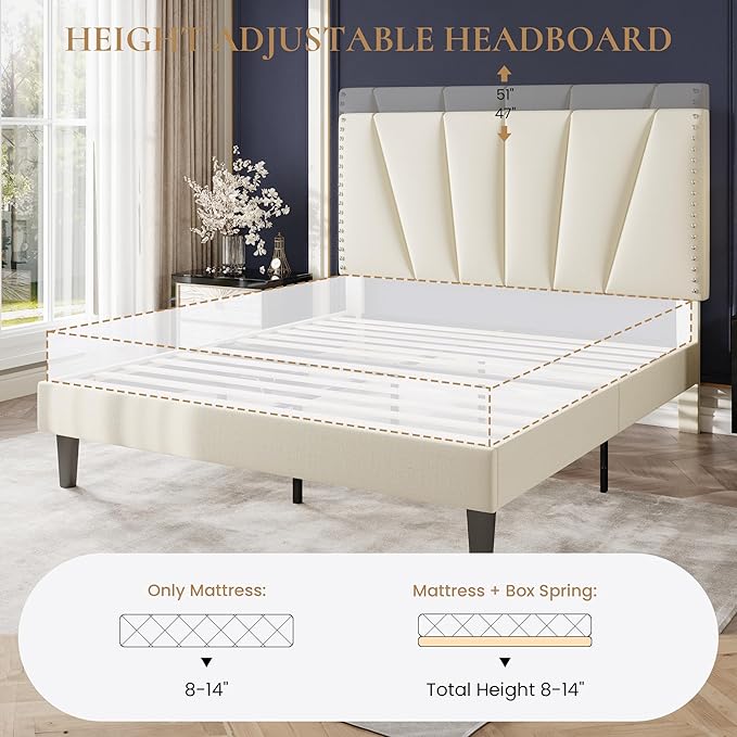 SHA CERLIN Queen Size Bed Frame with Adjustable Upholstered Velvet Rivets Headboard, Sturdy Wooden Slats, Strong Platform Support for Mattress, No Box Spring Needed, Easy Assembly, Cream