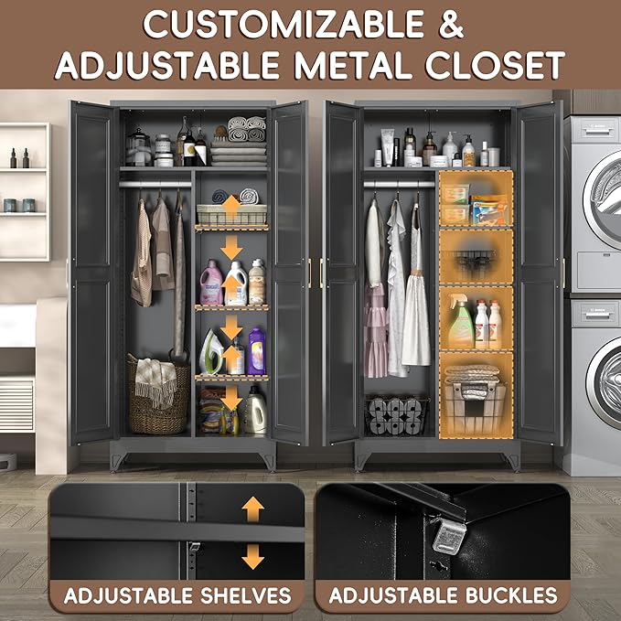 SteeLoong Metal Wardrobe Closet,71" H Wardrobe Cabinet with 2 Doors,Black Clothing Storage Cabinets with Hanging Rod and 3 Adjustable Shelves,Armoire Wardrobe Closet for Home Office,School,Gym