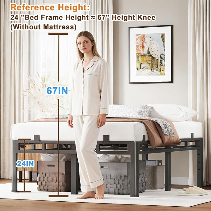 ROIL 24 Inch Cal King Bed Frame, Metal Bed Frame & Box Spring 2 in 1 Platform with Round Corner Legs, 4000LBS Double Layer Bed Frame with Headboard Holes Mattress Baffles, Noise-Free Easy Assembly