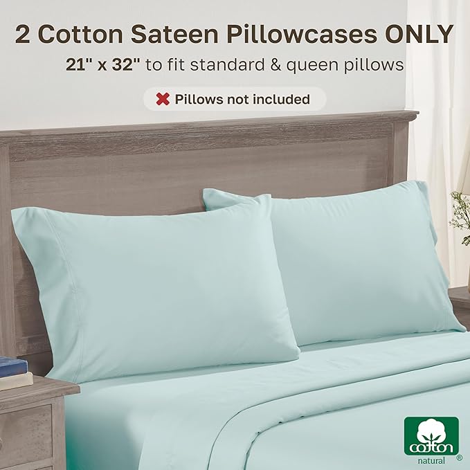 California Design Den Standard Pillows Cases Set of 2 - Premium 600 Thread Count, 100% Cotton Queen Pillow Case Pair, Breathable Sateen, Fits Standard & Queen Pillows- Aqua